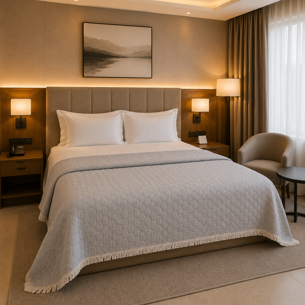 A modern bedroom featuring a large bed dressed in white linens and a light gray quilted throw blanket with fringe. The bed is set against a beige upholstered headboard, flanked by matching bedside tables and wall-mounted lamps.