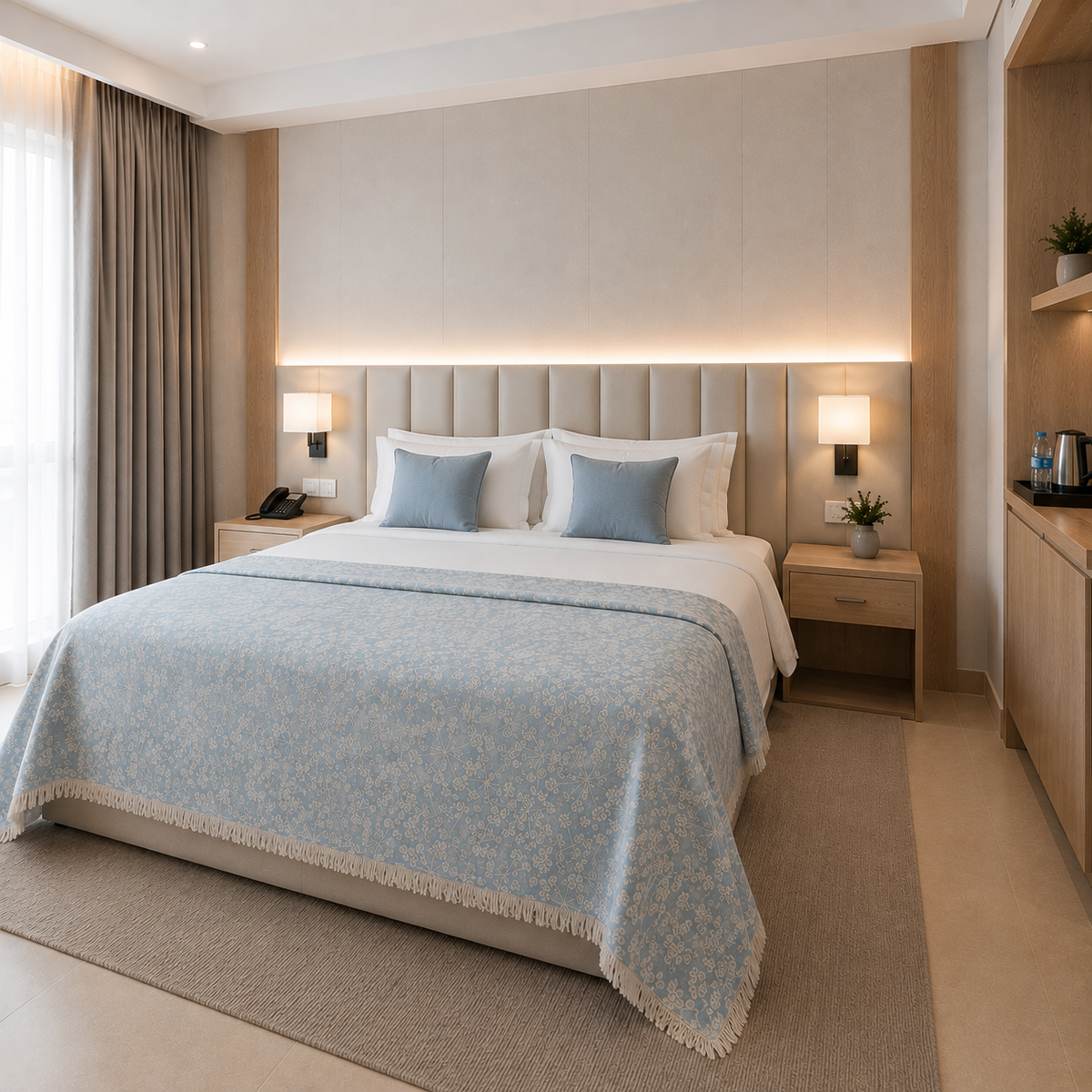 A modern bedroom featuring a neatly made bed with white linens, light blue patterned throw blanket, and matching accent pillows. The bed is set against a beige upholstered headboard with integrated wall lighting, flanked by matching wood nightstands with lamps.