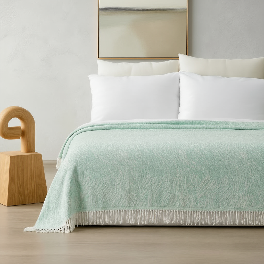 Bed with light green blanket and white pillows in a minimalistic bedroom.