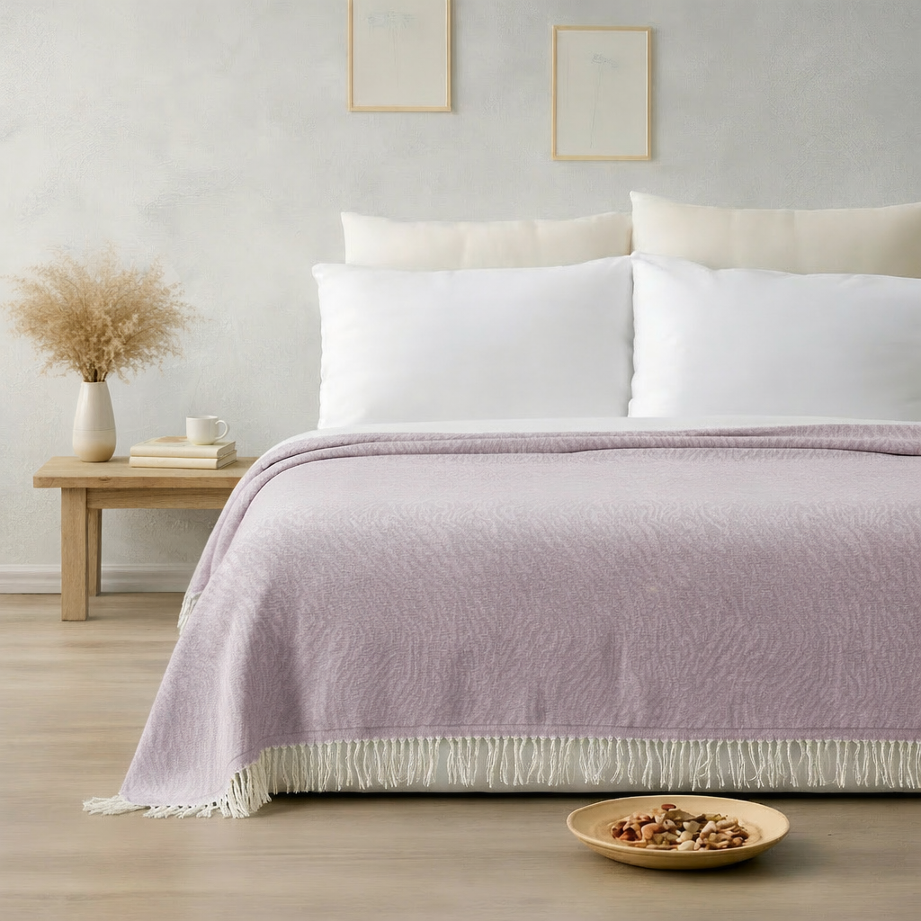Bed with a purple blanket and white pillows in a room with a wooden nightstand and decor items.