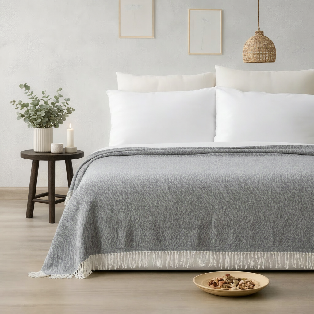 Bedroom with a bed covered in a gray comforter, white pillows, and a small table with decor items.