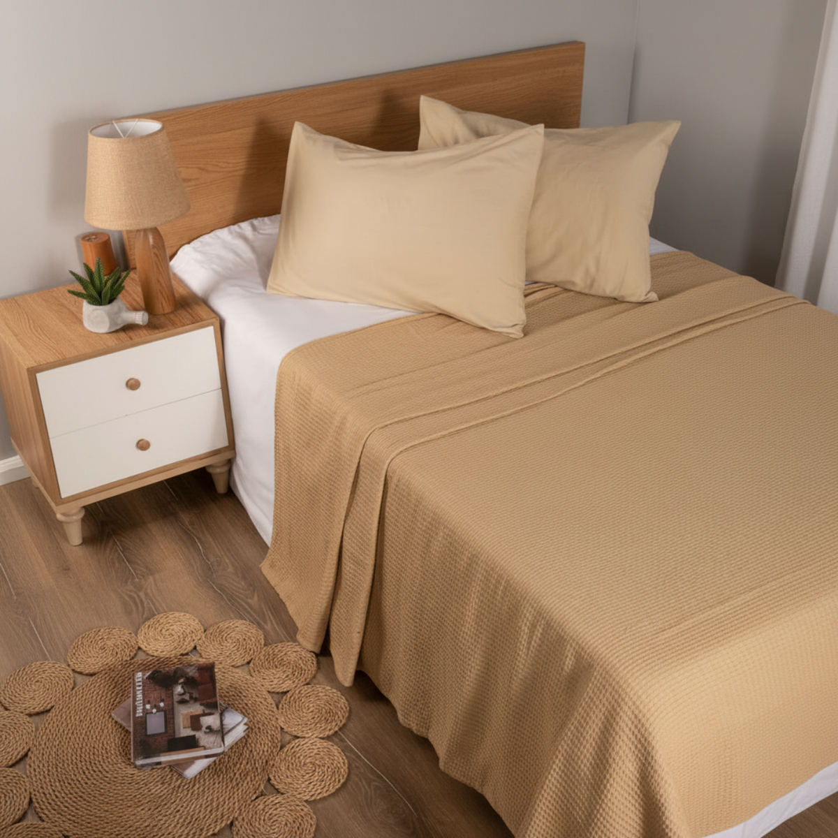 A close-up of a bed dressed in a textured beige waffle-weave blanket and matching pillowcases, styled in a warm bedroom setting with a wooden nightstand, lamp, and wood floor.