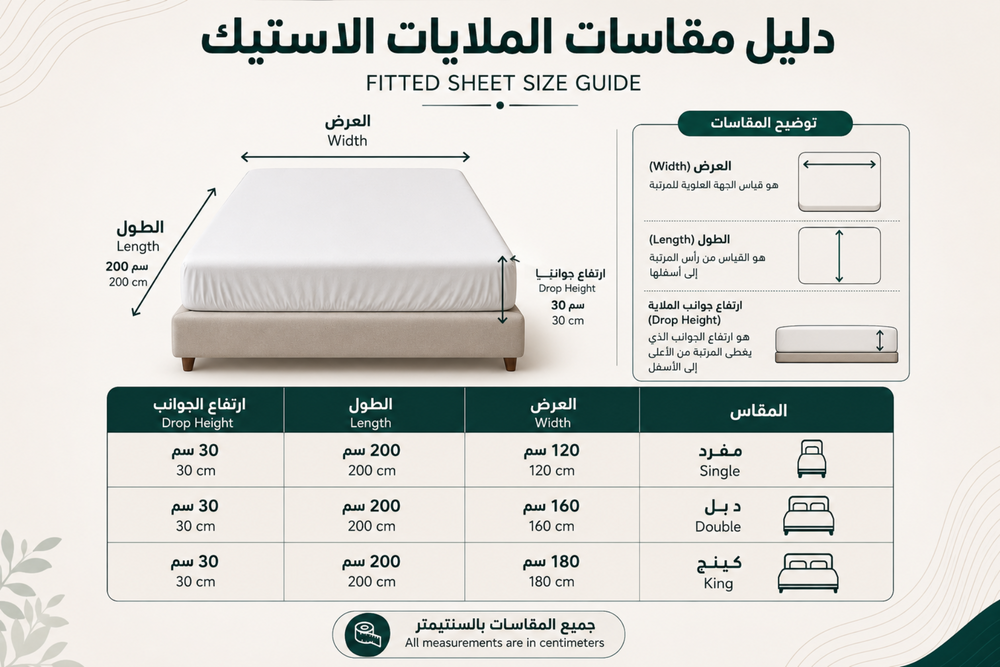 A fitted sheet size guide infographic in Arabic and English, showing a bed diagram with labeled dimensions and a size conversion table for single, double, and king beds.