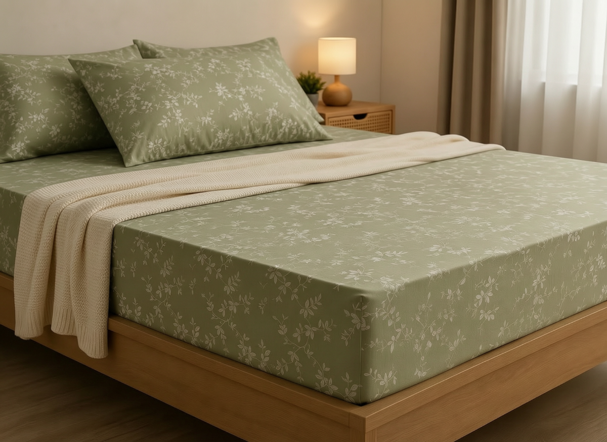A neatly made bed with sage green floral bedding, matching pillows, and a cream knit throw blanket, shown in a softly lit bedroom with a wooden bed frame and bedside lamp.