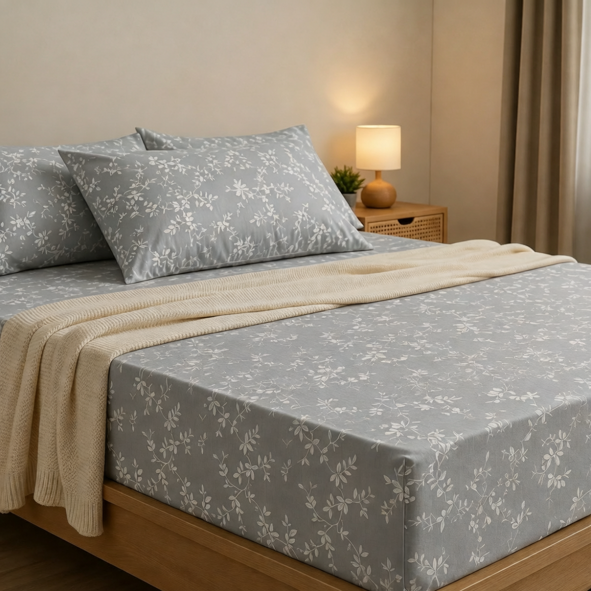 A neatly made bed with a fitted sheet and matching pillowcases in a soft gray floral print, styled with a cream knit throw blanket. The bed is set in a warm, neutral bedroom with a wooden nightstand and a lit lamp.