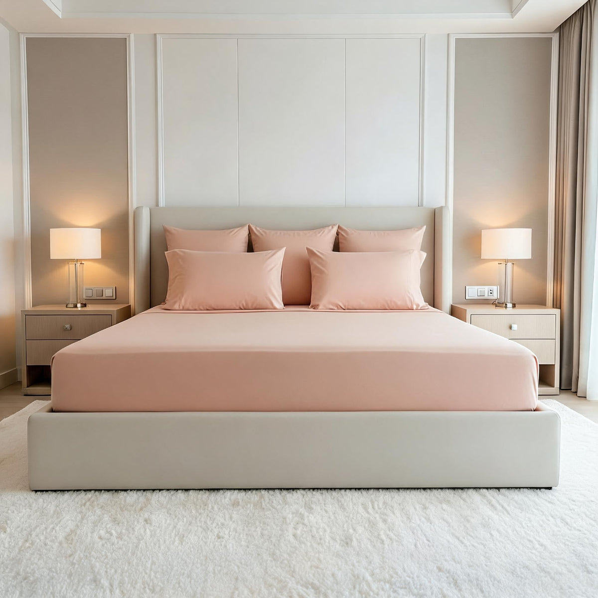 A minimalist bed with blush pink sheets and matching pillows, set in a modern bedroom with a light beige upholstered bed frame, bedside tables with lit lamps, and a white shag rug.
