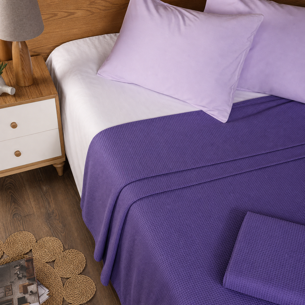 Purple textured bedding set including a duvet cover and matching pillowcases on a bed with white sheets, styled in a bedroom next to a wooden nightstand.