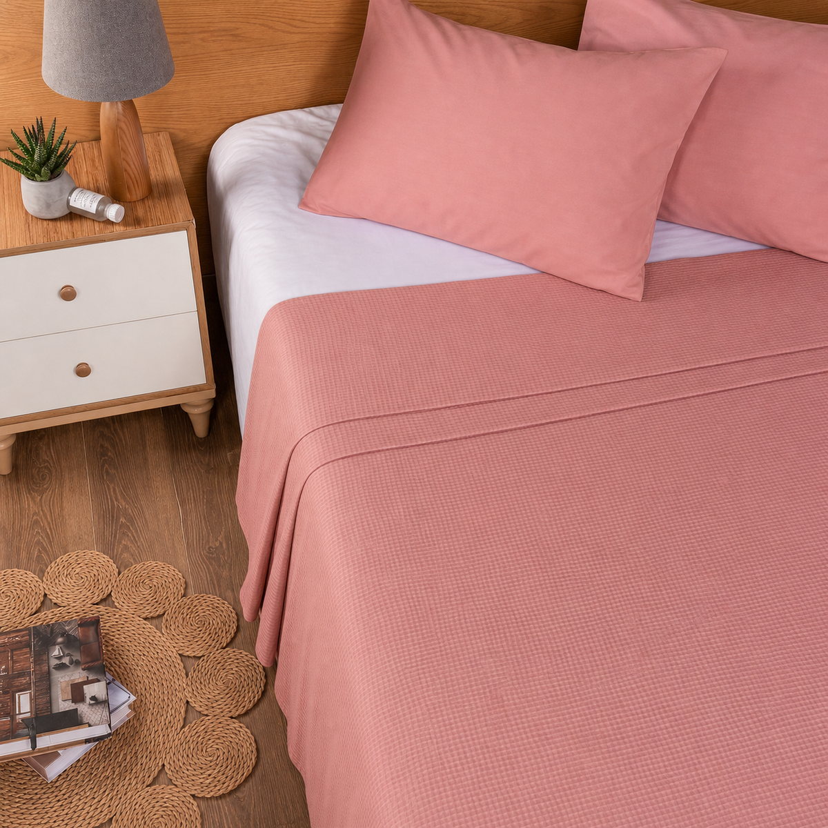 A bed dressed in a textured dusty rose pink bedspread and matching pillowcases, styled in a bedroom setting with a wooden headboard, a white nightstand, and a lamp.