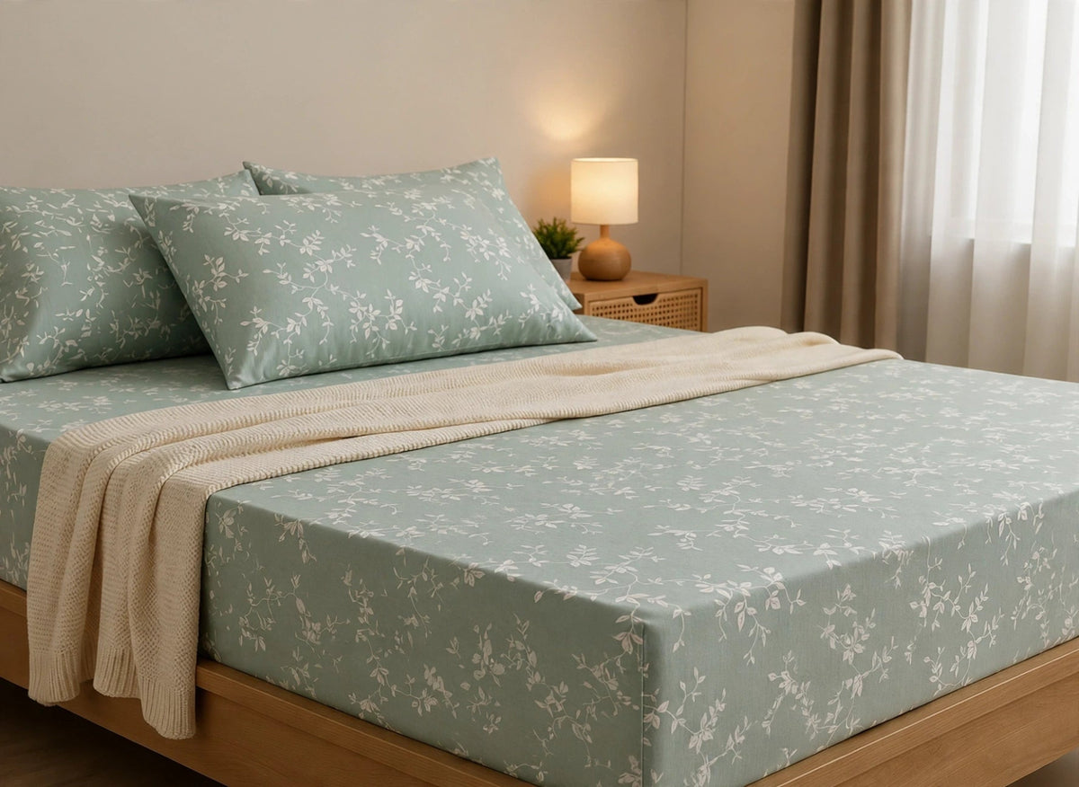 A bed dressed in a light sage green sheet set with a delicate white floral pattern, styled with matching pillowcases and a cream-colored ribbed throw blanket in a softly lit bedroom.