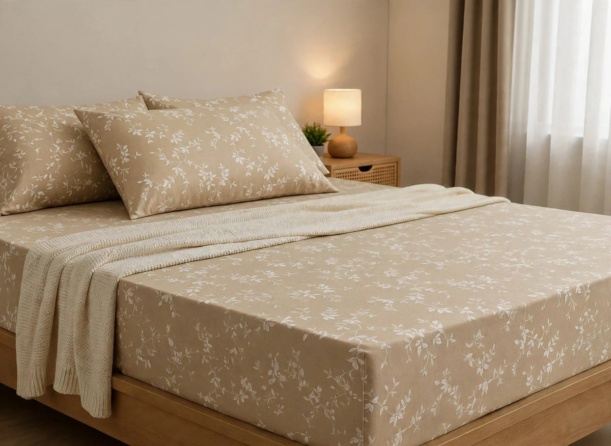 A neatly made bed in a softly lit bedroom, covered with beige bedding featuring a delicate white floral pattern. Two matching pillowcases are placed on top, with a matching knit throw blanket draped across the foot of the bed.