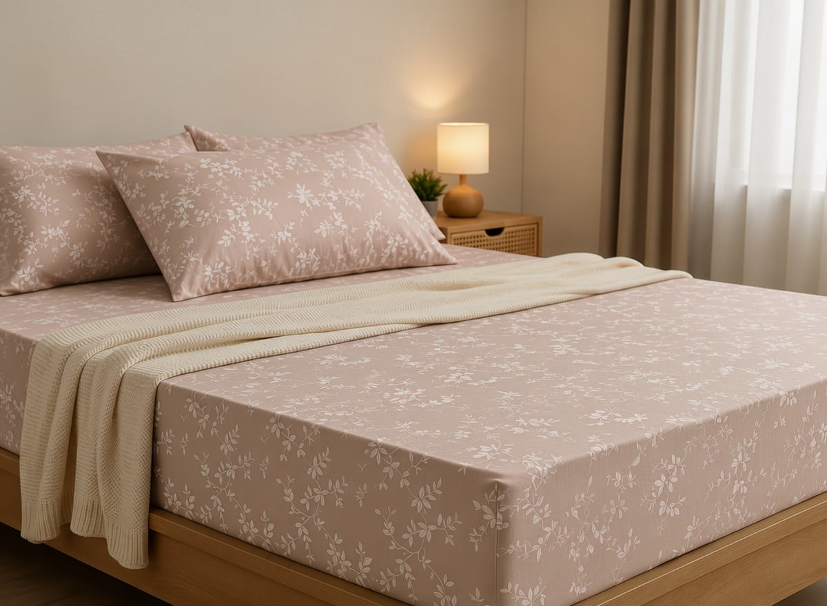 A neatly made bed in a softly lit bedroom, dressed with a blush pink floral sheet and matching pillow shams, with a cream knit throw blanket draped across the foot of the bed.