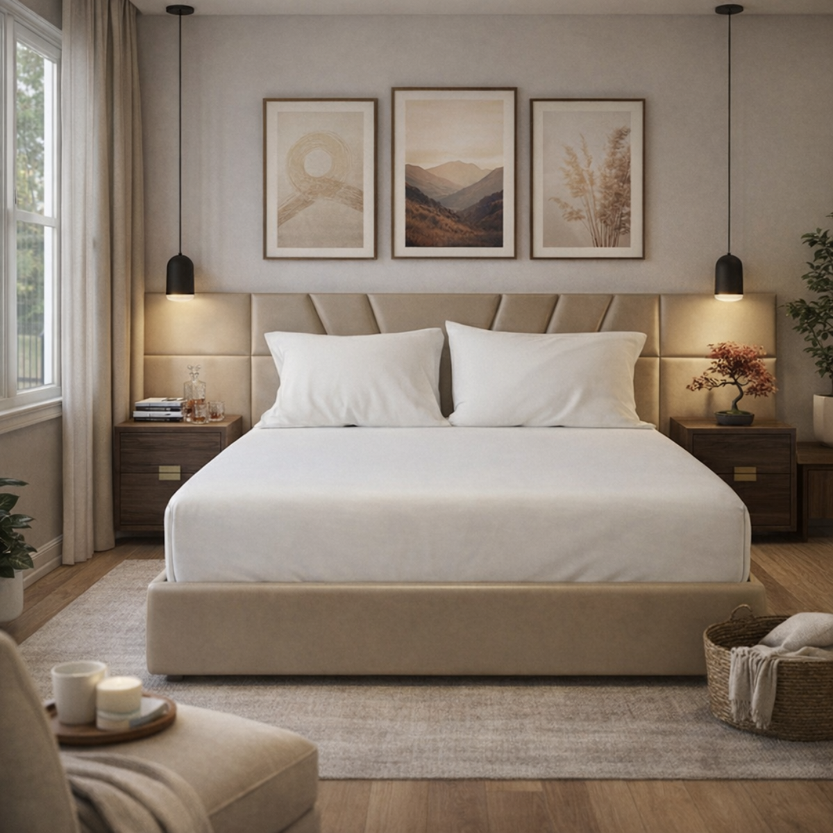 A modern bedroom featuring a low-profile upholstered bed frame in a warm beige tone, dressed in crisp white bedding. The bed is centered against a light beige wall with three framed botanical and landscape prints, flanked by dark wood nightstands with black pendant lights.